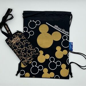Disney Mickey Mouse Black and Gold Drawstring Bag NWT & Lanyard Badge Holder EUC